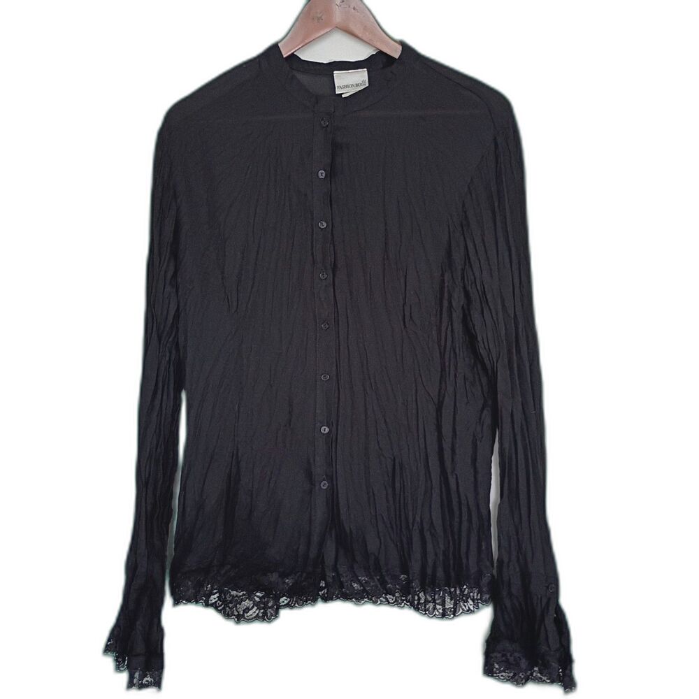 Vtg Fashion Bug Sheer Black Crinkle Button Down Blouse Lace Trim XL Goth Grunge